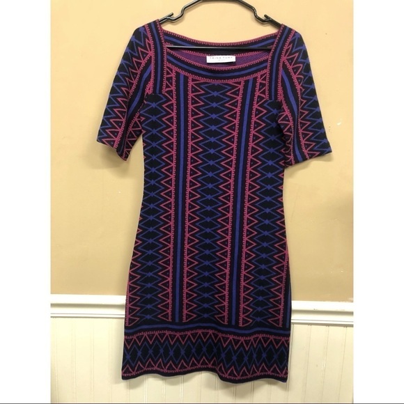 Trina Turk Milies Sweater Dress Pink Purple Aztec Geo Print Sheath Size S - Picture 1 of 5